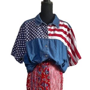 Vintage Americana Stars and Stripes Short sleeve Chambray button Up plus 22W